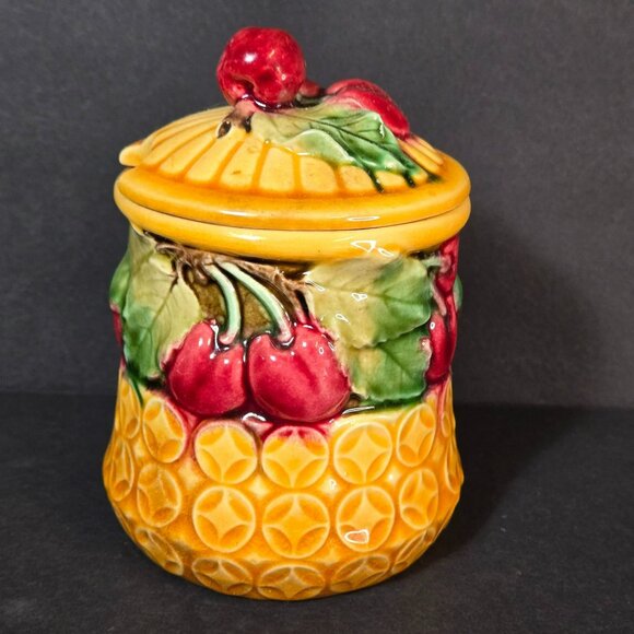 Vtg Ceramic Jam Jar Pineapple Cherry Fruit Motif Canister Kitchen Decor 4.75" - Picture 1 of 10